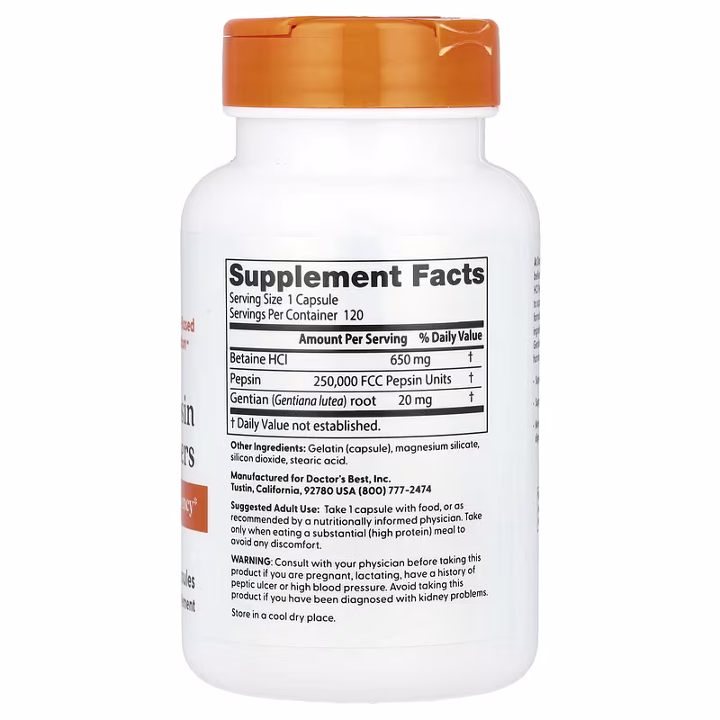 Doctor's Best Betaine HCl Pepsin & Gentian Bitters - 120 caps 2 Doctor's Best Betaine HCl Pepsin & Gentian Bitters - 120 caps - Image 2