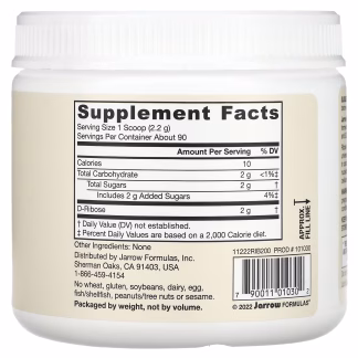 Jarrow Formulas D-Ribose Powder - 200 grams 3 arrow Formulas D-Ribose Powder label