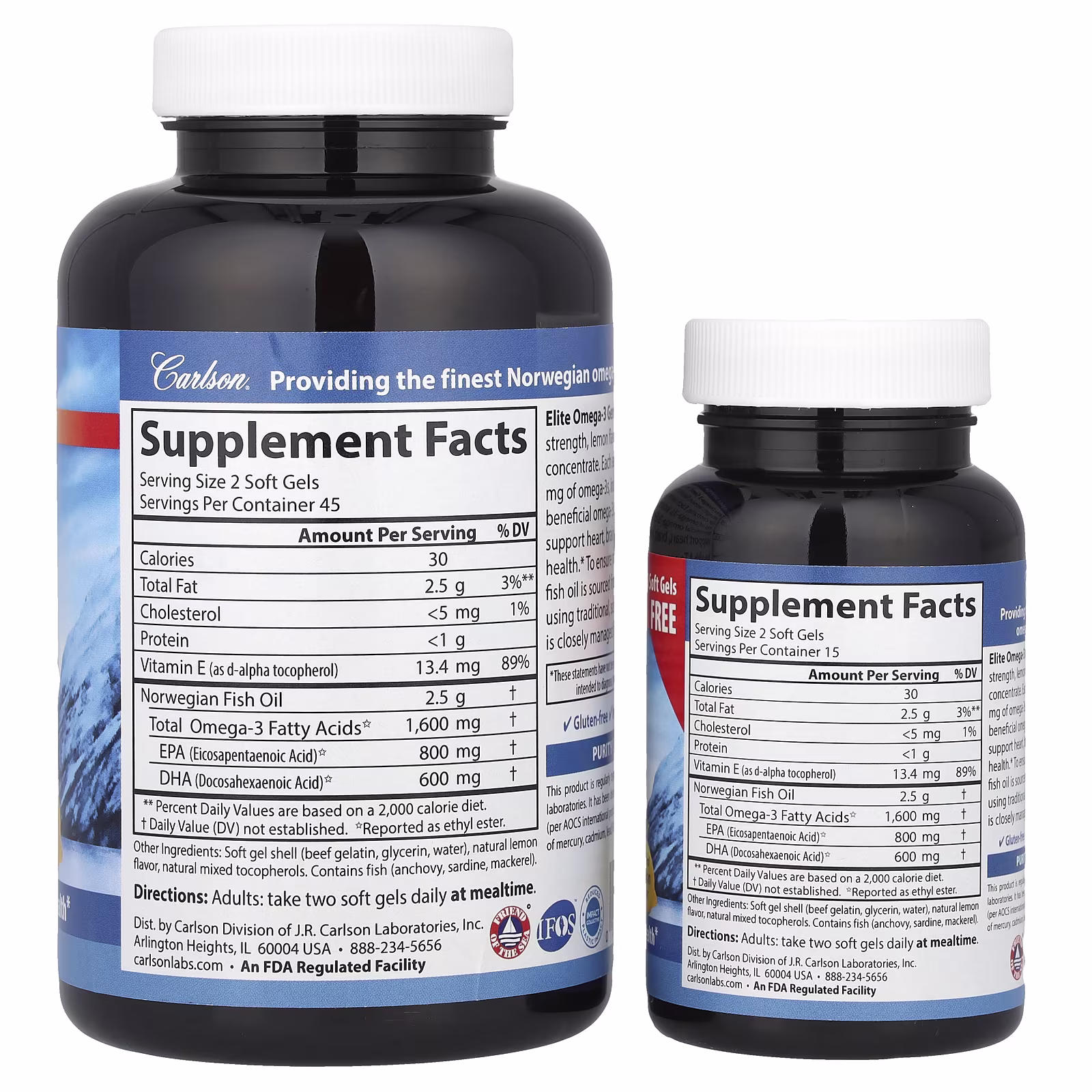 Carlson Labs Elite Omega-3 Gems, 1600mg Natural Lemon - 90 + 30 softgels 2 Carlson Labs Elite Omega-3 Gems, 1600mg Natural Lemon - 90 + 30 softgels - Image 2